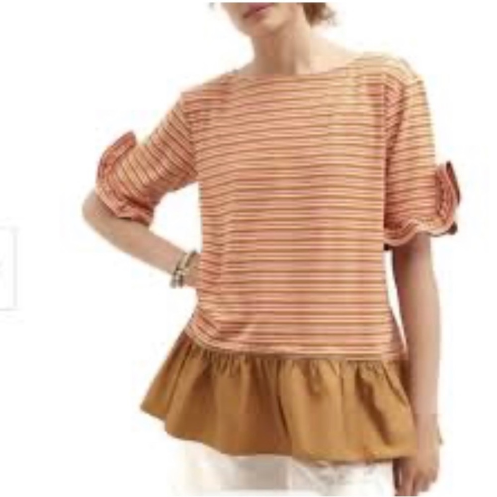 Mauve by Anthropologie pink, orange and tan ruffle striped top size XS NWT